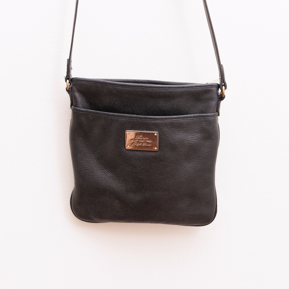 Lauren Ralph Lauren Black Pebbled Leather Crossbody Bag Silver Metal Logo